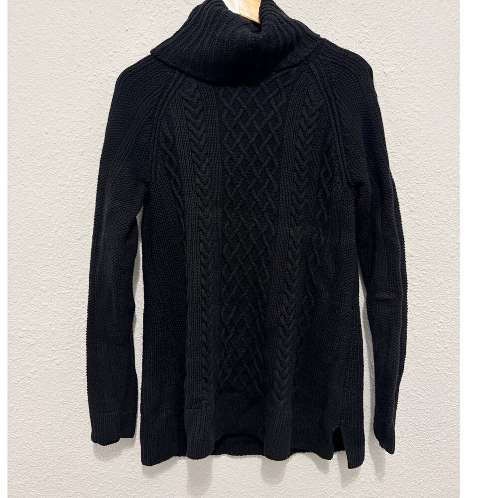 Talbots Cable Knit Black Turtleneck Sweater Large Cotton Wool Cashmere Fisherman